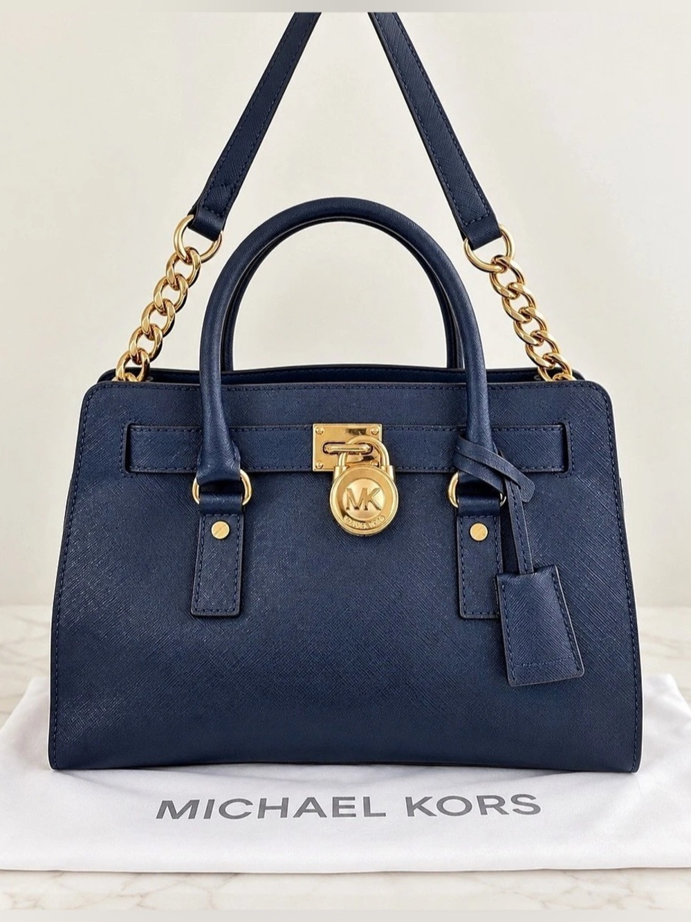 Michael Kors Hamilton Navy Saffiano Leather Lock Satchel Shoulder Bag